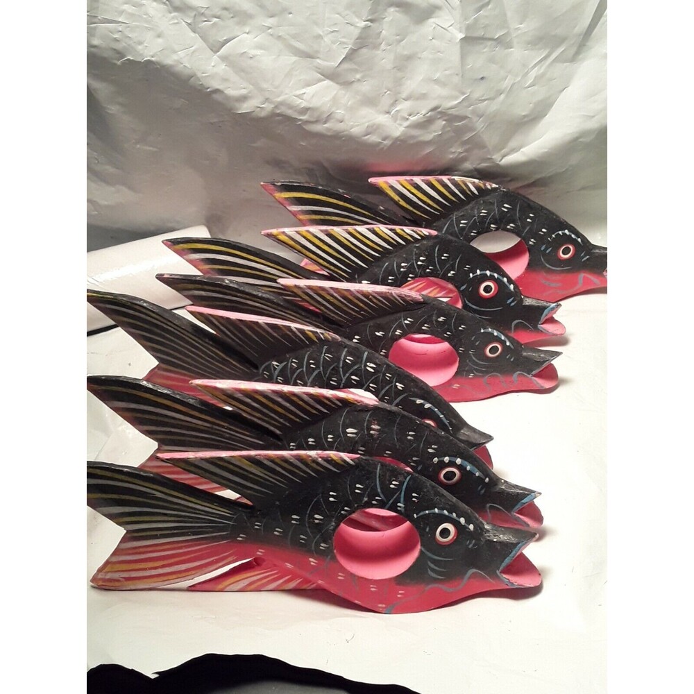 Wooden Colorful Fish Napkin Rings Black Red Blue Green White Set Of 10